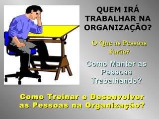 QUEM IRÁ
TRABALHAR NA
ORGANIZAÇÃO?
O Que as PessoasO Que as Pessoas
Farão?Farão?
Como Manter asComo Manter as
PessoasPessoas
Trabalhando?Trabalhando?
Como Treinar e DesenvolverComo Treinar e Desenvolver
as Pessoas na Organização?as Pessoas na Organização?
 