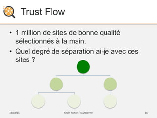 Trust Flow
• 1 million de sites de bonne qualité
sélectionnés à la main.
• Quel degré de séparation ai-je avec ces
sites ?...