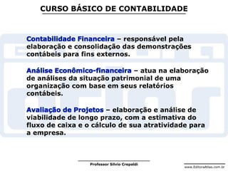 www.EditoraAtlas.com.br
Professor Silvio Crepaldi
CURSO BÁSICO DE CONTABILIDADE
– responsável pela
elaboração e consolidação das demonstrações
contábeis para fins externos.
– atua na elaboração
de análises da situação patrimonial de uma
organização com base em seus relatórios
contábeis.
– elaboração e análise de
viabilidade de longo prazo, com a estimativa do
fluxo de caixa e o cálculo de sua atratividade para
a empresa.
 