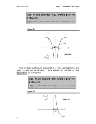 Moisés Villena Muñoz                                             Cap. 1 Límites de Funciones




                  Sea M una cantidad muy grande positiva.
                  Entonces:
                  ⎛                 ⎞
                  ⎜ lím f ( x) = −∞ ⎟ ≡ ∀M > 0, ∃∂ > 0 tal que 0 < x − x 0 < ∂ ⇒ f ( x ) < − M
                  ⎝ x → x0          ⎠



                  Ejemplo




                                                                               Fig. 1.17




    Para otro caso, puede ocurrir que cuando la x toma valores próximos a un
punto x 0 , sólo por su derecha, f toma valores muy grandes; es decir
 lím+ f ( x) = ∞ . Lo cual significa:
x → x0



                       Sea M un número muy grande positivo.
                       Entonces:
                       lím f ( x) = ∞   ≡ ∀M > 0, ∃∂ > 0 tal que 0 < x − x0 < ∂ ⇒ f ( x) > M
                       x → x0 +


                  Ejemplo



                                                                             Fig. 1.18




52
 