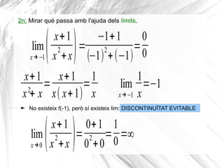 2n: Mirar què passa amb l'ajuda dels límits.
No existeix f(-1), però sí existeix lim: DISCONTINUÏTAT EVITABLE
lim
x→−1( x+1
x
2
+x)=
−1+1
(−1)
2
+(−1)
=
0
0
x+1
x2
+ x
=
x+1
x( x+1)
=
1
x
lim
x→−1
1
x
=−1
lim
x→0 (x+1
x
2
+x )=
0+1
0
2
+0
=
1
0
=∞
 