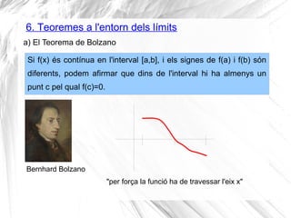 6. Teoremes a l'entorn dels límits
Si f(x) és contínua en l'interval [a,b], i els signes de f(a) i f(b) són
diferents, podem afirmar que dins de l'interval hi ha almenys un
punt c pel qual f(c)=0.
Bernhard Bolzano
"per força la funció ha de travessar l'eix x"
a) El Teorema de Bolzano
 