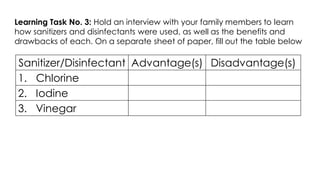 Learning Task No. 3: Hold an interview with your family members to learn
how sanitizers and disinfectants were used, as well as the benefits and
drawbacks of each. On a separate sheet of paper, fill out the table below
Sanitizer/Disinfectant Advantage(s) Disadvantage(s)
1. Chlorine
2. Iodine
3. Vinegar
 