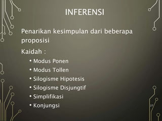 INFERENSI
Penarikan kesimpulan dari beberapa
proposisi
Kaidah :
• Modus Ponen
• Modus Tollen
• Silogisme Hipotesis
• Silogisme Disjungtif
• Simplifikasi
• Konjungsi 27
 