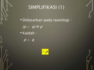 SIMPLIFIKASI (1)
• Didasarkan pada tautologi :
(p  q) p
• Kaidah :
p  q
36
 