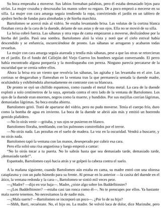 Su boca empezaba a moverse. Sus labios formaban palabras, pero él estaba demasiado lejos para
oírlas. La mujer cruzaba y descruzaba las manos sobre su regazo. De a poco empezó a mecerse en su
silla. La mujer con cara amarga seguía tendiendo la ropa, convirtiendo el jardín en un tablero de
ajedrez hecho de fundas para almohadas y de hierba marchita.
Bartolomeo se acercó más al vidrio. Se estaba levantando brisa. Las volutas de la cortina blanca
flotaban cerca de la cara de la duende, delante de sus astas y de sus ojos. Ella no se movió de su silla.
La brisa cobró fuerza. Las sábanas y otra ropa de cama empezaron a moverse, deslizándose por la
hierba del jardín. Pasó una sombra. Bartolomeo alzó la vista y notó que el cielo estival había
descendido y se enfurecía, oscureciéndose de pronto. Las sábanas se arrugaron y acabaron todas
revueltas.
La mujer con cara amarga seguía atareada y tendía más sábanas, pese a que las otras se retorcieran
en el jardín. En el fondo del Callejón del Viejo Cuervo los hombres seguían conversando. El perro
había encontrado alguna porquería y la mordisqueaba con pereza. Ninguno parecía percatarse de la
oscuridad que se cernía sobre ellos.
Ahora la brisa era un viento que revolvía las sábanas, las agitaba y las levantaba en el aire. Las
cortinas se desgarraban y flameaban en la ventana tras la que permanecía sentada la duende madre,
ocultándola y exhibiéndola alternadamente en contraste con su blancura.
De pronto se oyó un chillido espantoso, como cuando el metal frota metal. La cara de la duende
explotó a solo centímetros de la suya, apretada contra el otro lado de la ventana de Bartolomeo. Los
ojos de la duende eran enormes, negros como la muerte, y hundidos. Por sus mejillas corrían lágrimas,
demasiadas lágrimas. Su boca estaba abierta.
Bartolomeo gritó. Trató de apartarse del vidrio, pero no pudo moverse. Tenía el cuerpo frío, duro
como la bomba de agua en invierno. La boca de la duende se abrió aún más y emitió un horrendo
gemido plañidero.
—No lo oirás venir —gritaba, y sus ojos se pusieron en blanco.
Bartolomeo lloraba, temblando, con los pulmones constreñidos por el terror.
—No oirás nada. Las pezuñas en el suelo de madera. La voz en la oscuridad. Vendrá a buscarte, y
no oirás nada.
Bartolomeo tapó la ventana con las manos, desesperado por cubrir esa cara.
Pero ella soltó una risa angustiosa y luego empezó a cantar:
“No lo oirás tocar a tu puerta. No lo sabrás hasta que sea demasiado tarde, demasiado tarde,
¡demasiado tarde!”.
Espantado, Bartolomeo cayó hacia atrás y se golpeó la cabeza contra el suelo.
A la mañana siguiente, cuando Bartolomeo aún estaba en cama, su madre entró con una olorosa
cataplasma y con un paño húmedo para su frente. Al pensar en lo anterior —la casita del duende en el
ático, la ventana redonda y la cara—, Bartolomeo se sintió mil veces peor.
—¿Madre? —dijo en voz baja—. Madre, ¿oíste algo sobre los Buddelbinster?
—¿Los Buddelbinster? —estaba casi tan ronca como él—. No te preocupes por ellos. Ya bastante
mala suerte tenemos. No necesitamos la de nadie más.
—¿Mala suerte? —Bartolomeo se incorporó un poco—. ¿Por lo de su hijo?
—Shhh, Barti, recuéstate. No, el hijo no. La madre. Se volvió loca de dolor, dice Marinube, pero
 