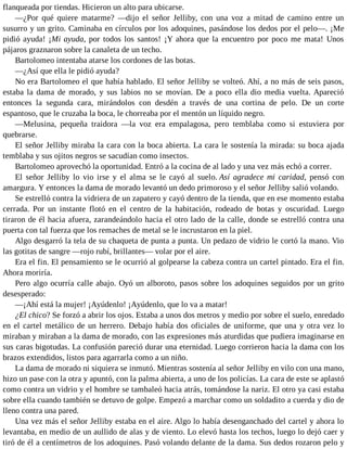 flanqueada por tiendas. Hicieron un alto para ubicarse.
—¿Por qué quiere matarme? —dijo el señor Jelliby, con una voz a mitad de camino entre un
susurro y un grito. Caminaba en círculos por los adoquines, pasándose los dedos por el pelo—. ¡Me
pidió ayuda! ¡Mi ayuda, por todos los santos! ¡Y ahora que la encuentro por poco me mata! Unos
pájaros graznaron sobre la canaleta de un techo.
Bartolomeo intentaba atarse los cordones de las botas.
—¿Así que ella le pidió ayuda?
No era Bartolomeo el que había hablado. El señor Jelliby se volteó. Ahí, a no más de seis pasos,
estaba la dama de morado, y sus labios no se movían. De a poco ella dio media vuelta. Apareció
entonces la segunda cara, mirándolos con desdén a través de una cortina de pelo. De un corte
espantoso, que le cruzaba la boca, le chorreaba por el mentón un líquido negro.
—Melusina, pequeña traidora —la voz era empalagosa, pero temblaba como si estuviera por
quebrarse.
El señor Jelliby miraba la cara con la boca abierta. La cara le sostenía la mirada: su boca ajada
temblaba y sus ojitos negros se sacudían como insectos.
Bartolomeo aprovechó la oportunidad. Entró a la cocina de al lado y una vez más echó a correr.
El señor Jelliby lo vio irse y el alma se le cayó al suelo. Así agradece mi caridad, pensó con
amargura. Y entonces la dama de morado levantó un dedo primoroso y el señor Jelliby salió volando.
Se estrelló contra la vidriera de un zapatero y cayó dentro de la tienda, que en ese momento estaba
cerrada. Por un instante flotó en el centro de la habitación, rodeado de botas y oscuridad. Luego
tiraron de él hacia afuera, zarandeándolo hacia el otro lado de la calle, donde se estrelló contra una
puerta con tal fuerza que los remaches de metal se le incrustaron en la piel.
Algo desgarró la tela de su chaqueta de punta a punta. Un pedazo de vidrio le cortó la mano. Vio
las gotitas de sangre —rojo rubí, brillantes— volar por el aire.
Era el fin. El pensamiento se le ocurrió al golpearse la cabeza contra un cartel pintado. Era el fin.
Ahora moriría.
Pero algo ocurría calle abajo. Oyó un alboroto, pasos sobre los adoquines seguidos por un grito
desesperado:
—¡Ahí está la mujer! ¡Ayúdenlo! ¡Ayúdenlo, que lo va a matar!
¿El chico? Se forzó a abrir los ojos. Estaba a unos dos metros y medio por sobre el suelo, enredado
en el cartel metálico de un herrero. Debajo había dos oficiales de uniforme, que una y otra vez lo
miraban y miraban a la dama de morado, con las expresiones más aturdidas que pudiera imaginarse en
sus caras bigotudas. La confusión pareció durar una eternidad. Luego corrieron hacia la dama con los
brazos extendidos, listos para agarrarla como a un niño.
La dama de morado ni siquiera se inmutó. Mientras sostenía al señor Jelliby en vilo con una mano,
hizo un pase con la otra y apuntó, con la palma abierta, a uno de los policías. La cara de este se aplastó
como contra un vidrio y el hombre se tambaleó hacia atrás, tomándose la nariz. El otro ya casi estaba
sobre ella cuando también se detuvo de golpe. Empezó a marchar como un soldadito a cuerda y dio de
lleno contra una pared.
Una vez más el señor Jelliby estaba en el aire. Algo lo había desenganchado del cartel y ahora lo
levantaba, en medio de un aullido de alas y de viento. Lo elevó hasta los techos, luego lo dejó caer y
tiró de él a centímetros de los adoquines. Pasó volando delante de la dama. Sus dedos rozaron pelo y
 