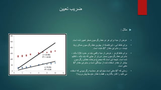 ‫ضریب‬
‫تعیین‬

‫مثال‬
:
•
‫عرض‬
‫خط‬ ‫دو‬ ‫هر‬ ‫برای‬ ‫مبدا‬ ‫از‬
‫رگرسیون‬
‫تعیین‬ ‫صفر‬
‫است‬ ‫شده‬
.
•
‫برای‬
‫نقاط‬
‫ز‬ ‫ممکن‬ ‫رگرسیون‬ ‫خط‬ ‫بهترین‬ ‫از‬ ‫فاصله‬ ‫این‬ ، ‫آبی‬
‫یاد‬
‫مقدار‬ ‫بنابراین‬ ‫و‬ ، ‫نیست‬
R2
‫است‬ ‫مثبت‬
.
•
‫برای‬
‫نقاط‬
، ‫قرمز‬
‫مبدا‬ ‫از‬ ‫عرض‬
‫حدود‬ ‫در‬ ‫باید‬ ‫واقعی‬
120
، ‫باشد‬
‫رگرسیون‬ ‫خط‬ ‫بنابراین‬
‫باش‬ ‫باید‬ ‫که‬ ‫جایی‬ ‫از‬ ‫دورتر‬ ‫بسیار‬
، ‫د‬
‫تنظیم‬
‫است‬ ‫شده‬
.
‫که‬ ‫است‬ ‫این‬ ‫نتیجه‬
‫رگرسیون‬ ‫خطای‬ ‫مربعات‬ ‫مجموع‬
‫م‬ ‫بنابراین‬ ‫و‬ ‫است‬ ‫میانگین‬ ‫از‬ ‫شده‬ ‫استفاده‬ ‫مقدار‬ ‫از‬ ‫بیشتر‬
‫قدار‬
R2
‫منفی‬
‫است‬
.
•
‫که‬ ‫زمانی‬
R2
‫است‬ ‫منفی‬
‫هر‬ ‫میتوانید‬
‫اس‬ ‫که‬ ‫رگرسیونی‬ ‫محاسبه‬
‫تفاده‬
‫کنار‬ ‫را‬ ‫کنید‬ ‫می‬
‫و‬ ‫بگذارید‬
‫پیش‬ ‫متوسط‬ ‫مقدار‬ ‫با‬ ‫فقط‬
‫برو‬
‫ید‬
!!
 