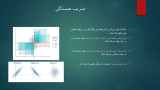 ‫ضریب‬
‫همبستگی‬
•
‫خطی‬ ‫رابطه‬ ‫در‬ ‫گرایش‬ ‫نوع‬ ‫دهنده‬‫نشان‬ ‫کوواریانس‬ ‫عالمت‬
‫است‬ ‫متغیرها‬ ‫بین‬
:

‫کوواریانس‬
‫مثبت‬
(
‫دارد‬ ‫غلبه‬ ‫قرمز‬ ‫بر‬ ‫آبی‬
)
:
‫دو‬
‫د‬ ‫تمایل‬ ‫متغیر‬
‫ارند‬
‫کنند‬ ‫حرکت‬ ‫جهت‬ ‫یک‬ ‫در‬
.

‫کوواریانس‬
‫منفی‬
(
‫دارد‬ ‫غلبه‬ ‫آبی‬ ‫بر‬ ‫قرمز‬
)
:
‫د‬ ‫تمایل‬ ‫متغیر‬ ‫دو‬
‫ارند‬
‫حرکت‬ ‫معکوس‬ ‫جهت‬ ‫در‬
‫کنند‬
.

‫کوواریانس‬
‫صفر‬
:
‫ندارند‬ ‫هم‬ ‫به‬ ‫خطی‬ ‫وابستگی‬ ‫متغیرها‬
.
 