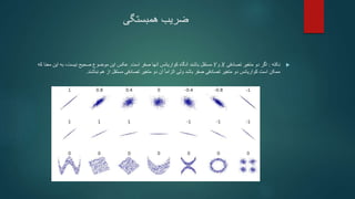 ‫همبستگی‬ ‫ضریب‬

‫نکته‬
:
‫تصادفی‬ ‫متغیر‬ ‫دو‬ ‫اگر‬
𝑋
‫و‬
𝑌
‫است‬ ‫صفر‬ ‫آنها‬ ‫کواریانس‬ ‫آنگاه‬ ‫باشند‬ ‫مستقل‬
.
‫م‬ ‫این‬ ‫به‬ ،‫نیست‬ ‫صحیح‬ ‫موضوع‬ ‫این‬ ‫عکس‬
‫که‬ ‫عنا‬
‫نباشند‬ ‫هم‬ ‫از‬ ‫مستقل‬ ‫تصادفی‬ ‫متغیر‬ ‫دو‬ ‫آن‬ ً‫ا‬‫الزام‬ ‫ولی‬ ‫باشد‬ ‫صفر‬ ‫تصادفی‬ ‫متغیر‬ ‫دو‬ ‫کواریانس‬ ‫است‬ ‫ممکن‬
.
 