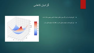 ‫کاهشی‬ ‫گرادیان‬

‫مانند‬ ‫سهمی‬ ‫تابعی‬ ‫همیشه‬ ‫خطی‬ ‫رگرسیون‬ ‫برای‬ ‫هزینه‬ ‫تابع‬
‫است‬
.

‫د‬ ‫کلی‬ ‫مینیمم‬ ‫یک‬ ‫فقط‬ ‫و‬ ‫ندارد‬ ‫محلی‬ ‫مینیمم‬ ‫محدب‬ ‫تابع‬ ‫این‬
‫ارد‬
.
 