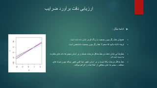 ‫ضرایب‬ ‫برآورد‬ ‫دقت‬ ‫ارزیابی‬

‫مثال‬ ‫ادامه‬
:

‫است‬ ‫شده‬ ‫داده‬ ‫نشان‬ ‫قرمز‬ ‫رنگ‬ ‫با‬ ‫جمعیت‬ ‫رگرسیون‬ ‫خط‬ ‫همچنان‬
.

‫است‬ ‫نامشخص‬ ‫جمعیت‬ ‫رگرسیون‬ ‫خط‬ ‫معموال‬ ‫که‬ ‫باشید‬ ‫داشته‬ ‫توجه‬
.

‫خطوط‬
‫آبی‬
‫خط‬ ‫ی‬ ‫دهنده‬ ‫نشان‬
‫مربعات‬ ‫حداقل‬
‫هستند‬
‫و‬
‫متفاوت‬ ‫های‬ ‫داده‬ ‫مجموعه‬ ‫اساس‬ ‫بر‬
‫اند‬ ‫آمده‬ ‫دست‬ ‫به‬
.

‫نیست‬ ‫یکتا‬ ‫مربعات‬ ‫حداقل‬ ‫خط‬
‫و‬
‫چون‬ ‫میکند‬ ‫تغییر‬ ‫کمی‬ ‫دیتا‬ ‫تغییر‬ ‫اساس‬ ‫بر‬
‫های‬ ‫نمونه‬
‫مختلف‬
،
‫میکنند‬ ‫فراهم‬ ‫را‬ ‫اطالعات‬ ‫از‬ ‫مختلفی‬ ‫های‬ ‫مجموعه‬
.
 