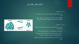 ‫آمار‬ ‫علم‬ ‫های‬ ‫شاخه‬

‫آمار‬
‫توصیفی‬
:
•
‫نتایج‬ ‫توصیف‬ ‫برای‬
‫و‬
‫می‬ ‫استفاده‬ ‫ها‬ ‫داده‬ ‫در‬ ‫موجود‬ ‫های‬ ‫ویژگی‬
‫شود‬
.
•
‫اطالعات‬
‫یک‬ ‫از‬ ‫حاصل‬
، ‫گروه‬
‫و‬ ‫کند‬‫می‬ ‫توصیف‬ ‫را‬ ‫گروه‬ ‫همان‬
‫شود‬‫نمی‬ ‫داده‬ ‫تعمیم‬ ‫مشابه‬ ‫جات‬‫دسته‬ ‫به‬ ‫آمده‬ ‫دست‬ ‫به‬ ‫اطالعات‬
.

‫استنباطی‬ ‫آمار‬
:
•
‫براساس‬ ‫آماری‬ ‫جامعه‬ ‫شناخت‬ ، ‫هدف‬
‫مقادیر‬
‫های‬‫نمونه‬ ‫از‬ ‫حاصل‬
‫است‬ ‫تصادفی‬
.
•
‫کل‬ ‫به‬ ‫را‬ ‫نمونه‬ ‫مطالعه‬ ‫از‬ ‫حاصل‬ ‫نتایج‬
‫جمعیت‬
‫میدهد‬ ‫تعمیم‬
.
•
‫در‬
‫از‬ ‫گذر‬
‫به‬ ‫نمونه‬
‫جامعه‬
،
‫شروع‬ ‫احتمال‬ ‫نقش‬ ‫و‬ ‫بحث‬
‫شود‬‫می‬
‫؛‬
‫نتایج‬ ‫واقع‬ ‫در‬
‫صورت‬ ‫به‬ ‫را‬ ‫نهایی‬
‫احتمالی‬
‫دهد‬‫می‬ ‫ارائه‬
.
•
«
‫کردن‬ ‫برآورد‬
»
‫و‬
«
‫آماری‬ ‫فرض‬ ‫آزمون‬
»
‫استنباطی‬ ‫آمار‬ ‫روشهای‬
‫هستند‬
.
 