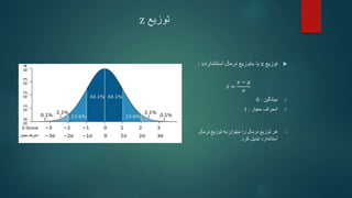 ‫توزیع‬
z

‫توزیع‬
z
‫یا‬
«
‫استاندارد‬ ‫نرمال‬ ‫توزیع‬
»
:
𝑧 =
𝑥 − 𝜇
𝜎

‫میانگین‬
:
0

‫معیار‬ ‫انحراف‬
:
1
•
‫نرمال‬ ‫توزیع‬ ‫به‬ ‫میتوان‬ ‫را‬ ‫نرمال‬ ‫توزیع‬ ‫هر‬
‫کرد‬ ‫تبدیل‬ ‫استاندارد‬
.
 