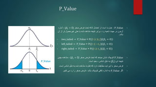 P_Value
•
P_Value
:
‫آنکه‬ ‫احتمال‬ ‫از‬ ‫است‬ ‫عبارت‬
‫صفر‬ ‫فرض‬ ‫تحت‬
(
𝛽1 = 0
)
‫آماره‬ ،
‫شده‬ ‫مشاهده‬ ‫نتیجه‬ ‫برابر‬ ، ‫رد‬ ‫ناحیه‬ ‫جهت‬ ‫در‬ ‫آزمون‬
‫یا‬
‫از‬ ‫تر‬ ‫غیرمعمول‬ ‫حتی‬
‫آن‬
‫باشد‬
.
• two_tailed → P_Value = P((t ≥ |𝑡𝑐|)| 𝛽1 = 0 )
• left_tailed → P_Value = P((t ≤ −𝑡𝑐)| 𝛽1 = 0 )
• right_tailed → P_Value = P((t ≥ 𝑡𝑐)| 𝛽1 = 0 )
•
P_Value
‫صفر‬ ‫فرض‬ ‫تحت‬ ‫که‬ ‫میدهد‬ ‫نشان‬ ‫کوچک‬
(
𝛽1 = 0
)
،
‫چنین‬ ‫مشاهده‬
‫ای‬ ‫نتیجه‬
(
𝛽1
)
‫دلیل‬ ‫به‬
‫شانس‬
،
‫است‬ ‫بعید‬
.
•
‫شانس‬ ‫دلیل‬ ‫به‬ ‫شده‬ ‫مشاهده‬ ‫تفاوت‬ ‫که‬ ‫دارد‬ ‫مطابقت‬ ‫ایده‬ ‫این‬ ‫با‬ ‫صفر‬ ‫فرض‬
‫است‬
.
•
‫اگر‬
P_Value
‫باشد‬ ‫کوچک‬ ‫کافی‬ ‫اندازه‬ ‫به‬
،
‫کنیم‬ ‫می‬ ‫رد‬ ‫را‬ ‫صفر‬ ‫فرض‬
.
 