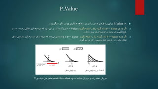 P_Value

‫حد‬
P_Value
‫را‬ ‫صفر‬ ‫فرض‬ ‫رد‬ ‫برای‬
‫معناداری‬ ‫سطح‬ ‫برابر‬
𝛼
‫میگیریم‬ ‫نظر‬ ‫در‬
:
.A
‫اگر‬
P − Value ≥ α
‫گزینه‬ ‫باشد‬
𝐻0
‫بگیرید‬ ‫نتیجه‬ ‫را‬
:
P − Value
‫و‬ ‫است‬ ‫داده‬ ‫رخ‬ ‫اتفاقی‬ ‫طور‬ ‫به‬ ‫نتیجه‬ ‫که‬ ‫دارد‬ ‫این‬ ‫بر‬ ‫داللت‬ ‫بزرگ‬
‫ندارد‬ ‫وجود‬ ‫صفر‬ ‫فرضیه‬ ‫در‬ ‫تردید‬ ‫برای‬ ‫دلیلی‬ ‫هیچ‬
.
.B
‫اگر‬
P − Value ≤ α
‫گزینه‬ ‫باشد‬
𝐻1
‫بگیرید‬ ‫نتیجه‬ ‫را‬
:
P − Value
‫کوچک‬
‫اتفاق‬ ‫تصادفی‬ ‫طور‬ ‫به‬ ‫است‬ ‫ممکن‬ ‫نتیجه‬ ‫که‬ ‫دهد‬ ‫می‬ ‫نشان‬
‫باشد‬ ‫نیفتاده‬
‫و‬
‫گیرد‬ ‫می‬ ‫بر‬ ‫در‬ ‫را‬ ‫خاصی‬ ‫علت‬ ‫عوض‬ ‫در‬
.
«
‫رد‬ ‫ناحیه‬ ‫روش‬
»
‫و‬
«
‫روش‬
p − value
»
‫می‬ ‫منجر‬ ‫تصمیم‬ ‫یک‬ ‫به‬ ‫همیشه‬
‫شوند‬
.
‫چرا؟‬
 