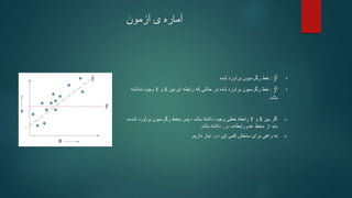 ‫آزمون‬ ‫ی‬ ‫آماره‬
•
𝑦
:
‫شده‬ ‫برآورد‬ ‫رگرسیون‬ ‫خط‬
•
𝑦
:
‫خط‬
‫برآورد‬ ‫رگرسیون‬
‫در‬ ‫شده‬
‫بین‬ ‫ای‬ ‫رابطه‬ ‫که‬ ‫حالتی‬
X
‫و‬
Y
‫نداشته‬ ‫وجود‬
‫باشد‬

‫اگر‬
‫بین‬
X
‫و‬
Y
‫پس‬ ، ‫باشد‬ ‫داشته‬ ‫وجود‬ ‫خطی‬ ‫رابطه‬
«
‫شده‬ ‫برآورد‬ ‫رگرسیون‬ ‫خط‬
»
‫از‬ ‫باید‬
«
‫رابطه‬ ‫عدم‬ ‫خط‬
»
‫دور‬
‫باشد‬ ‫داشته‬
.

‫این‬ ‫کمی‬ ‫سنجش‬ ‫برای‬ ‫راهی‬ ‫به‬
‫دور‬
‫داریم‬ ‫نیاز‬
.
 