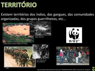 Existem territórios dos índios, das gangues, das comunidades
organizadas, dos grupos guerrilheiros, etc...



                                            Aldeia Manalai



 Aldeia Ipatse (Parque Indígena do Xingu)




                                              Guerrilheiros em
                                              Sierra Maestra



    FARC
                                               Apresentação elaborada pela Professora FERNANDA BRUM LOPES, disciplina de Geografia
 