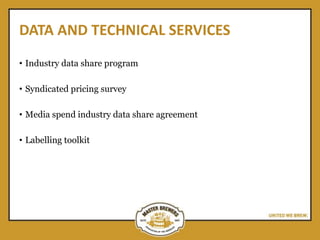 DATA AND TECHNICAL SERVICES
• Industry data share program
• Syndicated pricing survey
• Media spend industry data share agreement
• Labelling toolkit
 
