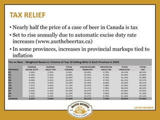 TAX RELIEF
• Nearly half the price of a case of beer in Canada is tax
• Set to rise annually due to automatic excise duty rate
increases (www.axethebeertax.ca)
• In some provinces, increases in provincial markups tied to
inflation
 