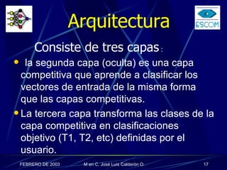 Arquitectura la segunda capa (oculta) es una capa competitiva que aprende a clasificar los vectores de entrada de la misma forma que las capas competitivas. La tercera capa transforma las clases de la capa competitiva en clasificaciones objetivo (T1, T2, etc) definidas por el usuario. Consiste de tres capas  : 