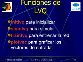 Funciones de LVQ initlvq  para inicializar simulvq   para simular trainlvq   para entrenar la red plotvec   para graficar los vectores de entrada. 