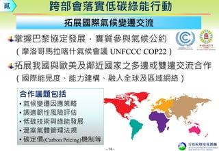 - 14 -
14
掌握巴黎協定發展，實質參與氣候公約
（摩洛哥馬拉喀什氣候會議 UNFCCC COP22）
拓展我國與歐美及鄰近國家之多邊或雙邊交流合作
（國際能見度、能力建構、融入全球及區域網絡）
合作議題包括
• 氣候變遷因應策略
• 調適韌性風險評估
• 低碳技術與綠能發展
• 溫室氣體管理法規
• 碳定價(Carbon Pricing)機制等
拓展國際氣候變遷交流
跨部會落實低碳綠能行動貳
 