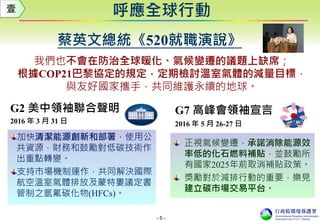 - 5 -
我們也不會在防治全球暖化、氣候變遷的議題上缺席；
根據COP21巴黎協定的規定，定期檢討溫室氣體的減量目標，
與友好國家攜手，共同維護永續的地球。
呼應全球行動
蔡英文總統《520就職演說》
G2 美中領袖聯合聲明
2016 年 3 月 31 日
加快清潔能源創新和部署，使用公
共資源，財務和鼓勵對低碳技術作
出重點轉變。
支持市場機制運作，共同解決國際
航空溫室氣體排放及蒙特婁議定書
管制之氫氟碳化物(HFCs)。
G7 高峰會領袖宣言
2016 年 5 月 26-27 日
正視氣候變遷，承諾消除能源效
率低的化石燃料補貼，並鼓勵所
有國家2025年前取消補貼政策。
獎勵對於減排行動的重要，樂見
建立碳市場交易平台。
壹
 