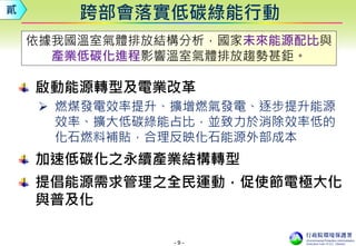 - 9 -
啟動能源轉型及電業改革
 燃煤發電效率提升、擴增燃氣發電、逐步提升能源
效率、擴大低碳綠能占比，並致力於消除效率低的
化石燃料補貼，合理反映化石能源外部成本
加速低碳化之永續產業結構轉型
提倡能源需求管理之全民運動，促使節電極大化
與普及化
跨部會落實低碳綠能行動貳
依據我國溫室氣體排放結構分析，國家未來能源配比與
產業低碳化進程影響溫室氣體排放趨勢甚鉅。
 