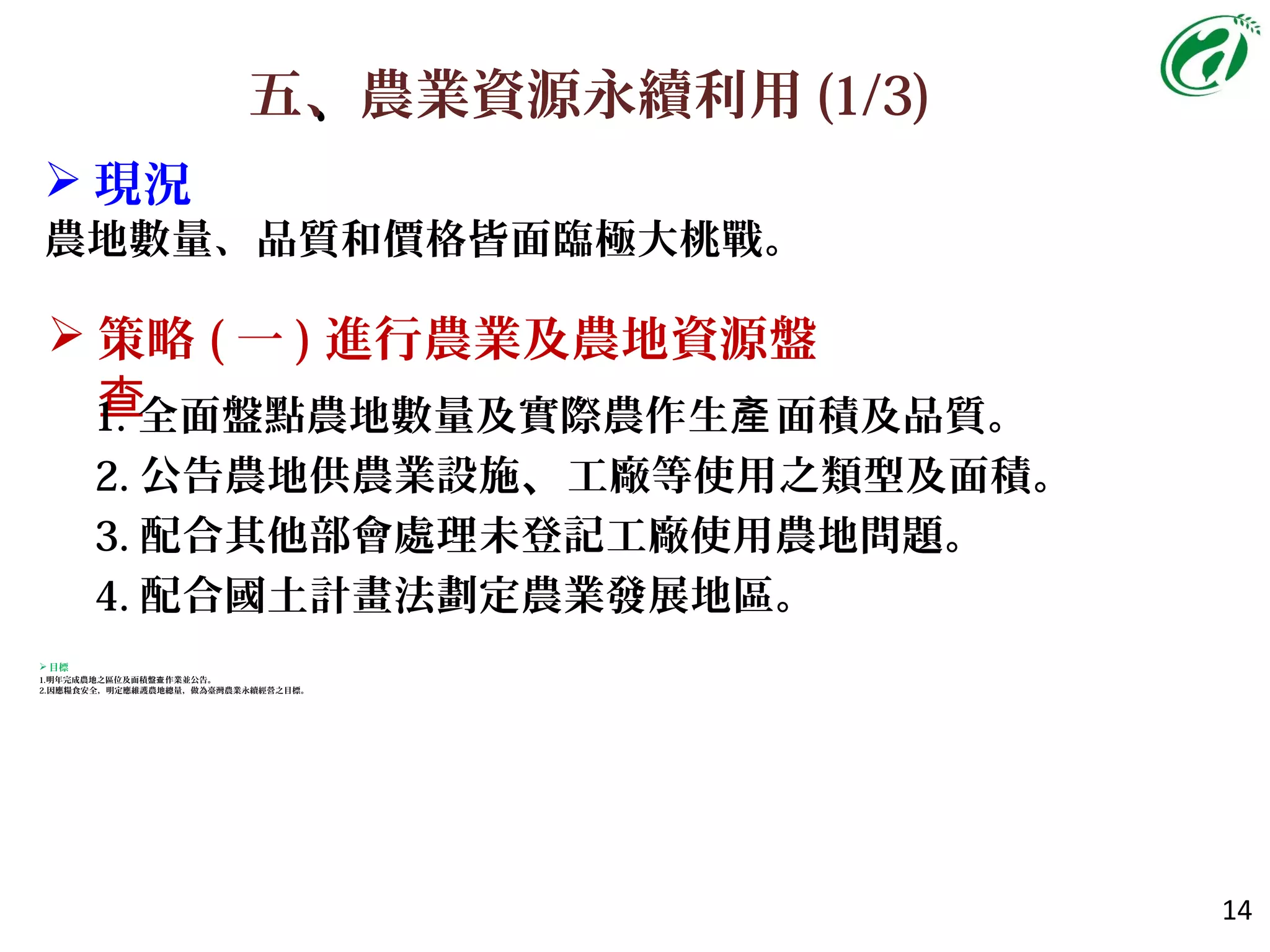 五、、農業資源永續利用 (1/3)
14
 策略 ( 一 ) 進行農業及農地資源盤
查
 現況
農地數量、品質和價格皆面臨極大桃戰。
1. 全面盤點農地數量及實際農作生 面積及品質產 。
2. 公告農地供農業設施、工廠等使用之類型及面積。
3. 配合其他部會處理未登記工廠使用農地問題。
4. 配合國土計畫法劃定農業發展地區。
 目標
1.明年完成農地之區位及面積盤 作業並公告查 。
2.因應糧食安全，明定應維護農地總量，做為臺灣農業永續經營之目標。
 