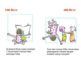 6th floor 4th floor Di lantai 6 Rudy masih membeli 7 Surat Kabar mencari iklan  lowongan kerja Tuan dan nyonya Willy meneruskan pertengkaran mereka dengan  tindakan saling menyakiti 