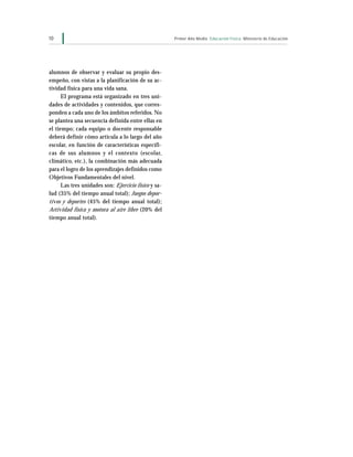 10                                                    Primer Año Medio Educación Física Ministerio de Educación




alumnos de observar y evaluar su propio des-
empeño, con vistas a la planificación de su ac-
tividad física para una vida sana.
      El programa está organizado en tres uni-
dades de actividades y contenidos, que corres-
ponden a cada uno de los ámbitos referidos. No
se plantea una secuencia definida entre ellas en
el tiempo; cada equipo o docente responsable
deberá definir cómo articula a lo largo del año
escolar, en función de características específi-
cas de sus alumnos y el contexto (escolar,
climático, etc.), la combinación más adecuada
para el logro de los aprendizajes definidos como
Objetivos Fundamentales del nivel.
      Las tres unidades son: Ejercicio físico y sa-
lud (35% del tiempo anual total); Juegos depor-
tivos y deportes (45% del tiempo anual total);
Actividad física y motora al aire libre (20% del
tiempo anual total).
 