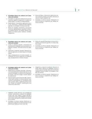 Educación Física Ministerio de Educación                                                         63



3. Actividades motrices de contacto con la natu-               d. Normas de higiene. Conocimiento y aplicación de nor-
   raleza y de aventura                                           mas de higiene personal y del entorno inherentes al
                                                                  tema de la salud y calidad de vida.
a. Actividades de exploración. Realización de ejercicios
   y prácticas regulares de exploración, en espacios na-       e. Actividades en entornos naturales. Realización en el
   turales propios o cercanos a la unidad educativa.              año de al menos un campamento que implique per-
                                                                  noctar al aire libre.
b. Medio ambiente. Conocimiento y aplicación de técni-
   cas de conservación y cuidado del medio ambiente
   aplicables en actividades recreativas al aire libre.
c. Normas de seguridad. Conocimiento y ejecución de
   técnicas de seguridad básicas requeridas en ambien-
   tes naturales diversos. Por ejemplo, flotación y pro-
   pulsión en el medio acuático, caminatas, cicletadas,
   campamentos.




3. Actividades motrices de contacto con la natu-               d. Normas de seguridad. Aprendizaje de técnicas de se-
   raleza y de aventura                                           guridad y de orientación específica en sectores urba-
                                                                  nos y rurales.
a. Estadía en ambientes naturales. Conocimientos de
   procedimientos y habilidades para la permanencia en         e. Actividades en entornos naturales. Realización en el
   ambientes naturales. Práctica de técnicas de campa-            año de al menos un campamento que implique per-
   mento.                                                         noctar al aire libre.
b. Exploración en ambientes naturales. Manejo de téc-
   nicas de exploración con mínimo impacto en el medio
   natural.
c. Viajes y desplazamientos en entornos naturales. Co-
   nocimientos de técnicas y aplicación de métodos de
   viaje y desplazamiento en entornos naturales.




3. Actividades motrices de contacto con la natu-               c. Diagnóstico y resolución de problemas inherentes al
   raleza y de aventura                                           medio natural. Utilización de habilidades técnicas y
                                                                  sociales según corresponda. Aplicación de normas de
a. Planificación de actividades al aire libre. Conocimien-
                                                                  seguridad y primeros auxilios en actividades al aire
   to de los procedimientos fundamentales para la reali-
                                                                  libre y de aventura.
   zación de actividades en contacto con la naturaleza y
   de aventura: selección de equipo, vestuario apropia-        d. Actividades en entornos naturales. Realización en el
   do y alimentación.                                             año de al menos un campamento que implique per-
                                                                  noctar al aire libre.
b. Aspectos logísticos para la vida al aire libre. Experien-
   cias de viaje y aventura en entornos naturales. Cono-
   cimiento de procedimientos de formalización tales
   como: permisos, tarifas y reglamentación local, entre
   otros. Medios de transporte e identificación de las
   características del terreno.




c. Habilidades sociales inherentes a las actividades de
   aventura. Conocimiento y utilización de habilidades
   sociales tales como: trabajo en equipo, liderazgo y
   comunicación. Asumir responsabilidades de animación
   socio-cultural, participación y conducción de activida-
   des recreativas.
d. Actividades en entornos naturales. Planificación, or-
   ganización y realización en el año de al menos un cam-
   pamento que implique pernoctar al aire libre.
 