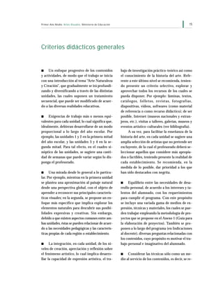 15Primer Año Medio Artes Visuales Ministerio de Educación
s Un enfoque progresivo de los contenidos
y actividades, de modo que el trabajo se inicia
con una introducción al tema “Arte Naturaleza
y Creación”, que gradualmente se irá profundi-
zando y diversificando a través de las distintas
unidades, las cuales suponen un tratamiento
secuencial, que puede ser modificado de acuer-
do a las diversas realidades educativas.
s Exigencias de trabajo más o menos equi-
valentes para cada unidad, lo cual significa que,
idealmente, debieran desarrollarse de un modo
proporcional a lo largo del año escolar. Por
ejemplo, las unidades 1 y 2 en la primera mitad
del año escolar, y las unidades 3 y 4 en la se-
gunda mitad. Para tal efecto, en el cuadro si-
nóptico de las unidades, se sugiere una canti-
dad de semanas que puede variar según lo dis-
ponga el profesorado.
s Una mirada desde lo general a lo particu-
lar. Por ejemplo, mientras en la primera unidad
se plantea una aproximación al paisaje natural
desde una perspectiva global, con el objeto de
aprender a reconocer sus principales caracterís-
ticas visuales; en la segunda, se propone un en-
foque más específico que implica explorar los
elementos naturales para descubrir sus posibi-
lidades expresivas y creativas. Sin embargo,
debido a que existen aspectos comunes entre am-
bas unidades, éstas se pueden relacionar de acuer-
do a las necesidades pedagógicas y las caracterís-
ticas propias de cada región o establecimiento.
s La integración, en cada unidad, de los ni-
veles de creación, apreciación y reflexión sobre
el fenómeno artístico, lo cual implica desarro-
llar la capacidad de expresión artística, el tra-
Criterios didácticos generales
bajo de investigación práctico-teórico así como
el conocimiento de la historia del arte. Refe-
rente a este último nivel se recomienda, tenien-
do presente un criterio selectivo, explorar y
aprovechar todos los recursos de los cuales se
pueda disponer. Por ejemplo: láminas, textos,
catálogos, folletos, revistas, fotografías,
diapositivas, videos, softwares (como material
de referencia o como recurso didáctico); de ser
posible, Internet (museos nacionales y extran-
jeros, etc.), visitas a talleres, galerías, museos y
eventos artístico-culturales (ver bibliografía).
A su vez, para facilitar la enseñanza de la
historia del arte, en cada unidad se sugiere una
amplia selección de artistas que no pretende ser
excluyente, de la cual el profesorado deberá se-
leccionar aquellos que considere más apropia-
dos o factibles, teniendo presente la realidad de
cada establecimiento. Se recomienda, en la
medida de lo posible, dar prioridad a los que
han sido destacados con negrita.
s Equilibrio entre las necesidades de desa-
rrollo personal, de acuerdo a los intereses y ta-
lentos del alumnado, con los requerimientos
para cumplir el programa. Con este propósito
se incluye una variada gama de medios de ex-
presión, técnicas y materiales, los cuales se pue-
den trabajar empleando la metodología de pro-
yectos que se propone en el Anexo 1 (Guía para
la elaboración de proyectos). También se pro-
ponen a lo largo del programa (en Indicaciones
al docente), diversas preguntas relacionadas con
los contenidos, cuyo propósito es motivar el tra-
bajo personal e imaginativo del alumnado.
s Considerar las técnicas sólo como un me-
dio al servicio de los contenidos, es decir, se re-
 