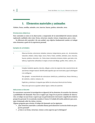 Primer Año Medio Artes Visuales Ministerio de Educación28
1. Elementos materiales y animados
Arboles, frutos, semillas, animales, aves, insectos, huesos, piedras, minerales, otros.
Orientaciones didácticas
Este contenido se centra en la observación y comprensión de la materialidad del entorno natural,
explorando cualidades tales como: forma, estructura, tamaño, textura, temperatura, peso y otras.
Se diferencia del contenido 4 de esta unidad, cuyo objetivo fundamental consiste en trabajar
estos elementos a partir de la experiencia personal.
Ejemplos de actividades
1. Observar formas, estructuras, tamaños, texturas, temperaturas, pesos, etc., de elementos
naturales: árboles, ramas, hojas, raíces, flores, frutos, semillas, animales, aves, insectos,
huesos, piedras, minerales, etc. Seleccionar elementos (visiones totales, parciales o de-
talles) y registrarlos utilizando el croquis a través del dibujo, grafito, tinta, colores, etc.
2. Estudiar mediante apuntes, bocetos, dibujos u otros los aspectos más característicos de
una forma o imagen natural, identificando aquellos que son esenciales y que la distinguen
o la configuran.
Por ejemplo: reconocimiento de estructuras simétricas y asimétricas, líneas internas y
de contorno, colores, texturas, etc.
Explicitar y sintetizar el esquema que define la estructura interna de las formas.
Para este ejercicio se pueden utilizar lupas o vidrios de aumento.
Indicaciones al docente
Es conveniente concentrar la investigación en alguno(s) de los elementos, de acuerdo a los intereses
y posibilidades del alumnado. Para esto se sugiere que, luego de un proceso cuidadoso de observa-
ción, se trabaje con una forma o aspecto que sea particularmente interesante o significativo desde la
perspectiva personal. Se recomienda consultar el Anexo 3 (Cuidado del medio ambiente) para acon-
sejar al alumnado sobre las visitas a terreno.
Algunas preguntas para orientar el trabajo del alumnado son las siguientes:
• ¿Qué elementos materiales o animados llaman particularmente la atención desde una pers-
pectiva personal?
• ¿Cómo es su forma, estructura, textura u otros aspectos que lo distinguen?
 
