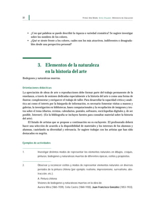 Primer Año Medio Artes Visuales Ministerio de Educación30
• ¿Con qué palabras se puede describir la riqueza o variedad cromática? Se sugiere investigar
sobre los nombres de los colores.
• ¿Qué se siente frente a los colores, cuáles son los más atractivos, indiferentes o desagrada-
bles desde una perspectiva personal?
3. Elementos de la naturaleza
en la historia del arte
Bodegones y naturalezas muertas.
Orientaciones didácticas
La apreciación de obras de arte o reproducciones debe formar parte del trabajo permanente de la
enseñanza, a través de sesiones dedicadas especialmente a la historia del arte o como una forma de
ilustrar, complementar y enriquecer el trabajo de taller. Para desarrollar la capacidad crítica y analí-
tica así como el interés por la búsqueda de información, es necesario fomentar visitas a museos y
galerías, la investigación en bibliotecas, bases computacionales y la recopilación de imágenes y tex-
tos sobre el tema (diarios, revistas, calendarios, postales, softwares, enciclopedias digitales y, de ser
posible, Internet). (En la bibliografía se incluyen fuentes para consultar material sobre la historia
del arte).
El listado de artistas que se propone a continuación no es excluyente. El profesorado deberá
hacer una selección de acuerdo a la disponibilidad de materiales y los intereses de los alumnos y
alumnas, cautelando su diversidad y relevancia. Se sugiere trabajar con los artistas que han sido
destacados en negrita.
Ejemplos de actividades
1. Investigar distintos modos de representar los elementos naturales en dibujos, croquis,
pinturas, bodegones y naturalezas muertas de diferentes épocas, estilos y propósitos.
2. Observar y reconocer estilos y modos de representar elementos naturales en diversos
períodos de la pintura chilena (por ejemplo: realismo, impresionismo, surrealismo, abs-
tracción, etc.).
A. Pintura chilena
Visiones de bodegones y naturalezas muertas en la obra de:
Aurora Mira (1865-1939), Celia Castro (1860-1930), Juan Francisco González (1853-1933),
 
