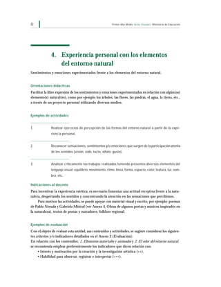 Primer Año Medio Artes Visuales Ministerio de Educación32
4. Experiencia personal con los elementos
del entorno natural
Sentimientos y emociones experimentados frente a los elementos del entorno natural.
Orientaciones didácticas
Facilitar la libre expresión de los sentimientos y emociones experimentados en relación con algún(os)
elemento(s) natural(es), como por ejemplo los árboles, las flores, las piedras, el agua, la tierra, etc.,
a través de un proyecto personal utilizando diversos medios.
Ejemplos de actividades
1. Realizar ejercicios de percepción de las formas del entorno natural a partir de la expe-
riencia personal.
2. Reconocer sensaciones, sentimientos y/o emociones que surgen de la participación atenta
de los sentidos (visión, oído, tacto, olfato, gusto).
3. Analizar críticamente los trabajos realizados teniendo presentes diversos elementos del
lenguaje visual: equilibrio, movimiento, ritmo, línea, forma, espacio, color, textura, luz, som-
bra, etc.
Indicaciones al docente
Para incentivar la experiencia estética, es necesario fomentar una actitud receptiva frente a la natu-
raleza, despertando los sentidos y concentrando la atención en las sensaciones que percibimos.
Para motivar las actividades, se puede apoyar con material visual y escrito, por ejemplo: poemas
de Pablo Neruda y Gabriela Mistral (ver Anexo 4, Obras de algunos poetas y músicos inspirados en
la naturaleza), textos de poetas y narradores, folklore regional.
Ejemplos de evaluación
Con el objeto de evaluar esta unidad, sus contenidos y actividades, se sugiere considerar los siguien-
tes criterios y/o indicadores detallados en el Anexo 2 (Evaluación):
En relación con los contenidos: 1. Elementos materiales y animados y 2. El color del entorno natural,
se recomienda emplear preferentemente los indicadores que dicen relación con:
• Interés y motivación por la creación y la investigación artística (++).
• Habilidad para observar, registrar e interpretar (+++).
 