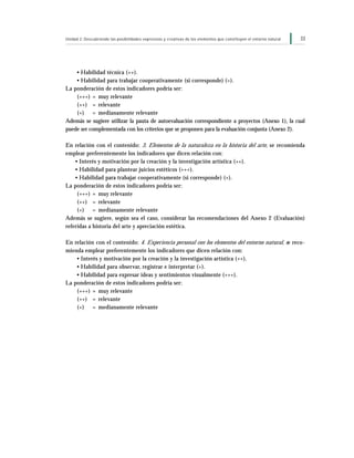 33Unidad 2: Descubriendo las posibilidades expresivas y creativas de los elementos que constituyen el entorno natural
• Habilidad técnica (++).
• Habilidad para trabajar cooperativamente (si corresponde) (+).
La ponderación de estos indicadores podría ser:
(+++) = muy relevante
(++) = relevante
(+) = medianamente relevante
Además se sugiere utilizar la pauta de autoevaluación correspondiente a proyectos (Anexo 1), la cual
puede ser complementada con los criterios que se proponen para la evaluación conjunta (Anexo 2).
En relación con el contenido: 3. Elementos de la naturaleza en la historia del arte, se recomienda
emplear preferentemente los indicadores que dicen relación con:
• Interés y motivación por la creación y la investigación artística (++).
• Habilidad para plantear juicios estéticos (+++).
• Habilidad para trabajar cooperativamente (si corresponde) (+).
La ponderación de estos indicadores podría ser:
(+++) = muy relevante
(++) = relevante
(+) = medianamente relevante
Además se sugiere, según sea el caso, considerar las recomendaciones del Anexo 2 (Evaluación)
referidas a historia del arte y apreciación estética.
En relación con el contenido: 4. Experiencia personal con los elementos del entorno natural, se reco-
mienda emplear preferentemente los indicadores que dicen relación con:
• Interés y motivación por la creación y la investigación artística (++).
• Habilidad para observar, registrar e interpretar (+).
• Habilidad para expresar ideas y sentimientos visualmente (+++).
La ponderación de estos indicadores podría ser:
(+++) = muy relevante
(++) = relevante
(+) = medianamente relevante
 