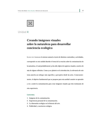 41Primer Año Medio Artes Visuales Ministerio de Educación
Unidad 4
Creando imágenes visuales
sobre la naturaleza para desarrollar
conciencia ecológica
LUEGO DE TRABAJAR el entorno natural a través de distintos contenidos y actividades,
corresponde en esta unidad abordar el tema de la creación sobre la contaminación de
la naturaleza, el cual probablemente ya ha sido objeto de registros visuales y motivo de
más de alguna reflexión. Como ya se planteó en la introducción, la relevancia de este
tema amerita un enfoque más específico y perceptivo desde las artes. Consecuente-
mente, el objetivo fundamental que se propone para esta unidad consiste en aprender
a ver y sentir la contaminación para crear imágenes visuales que den testimonio de
esta experiencia.
Contenidos
1. Imágenes de la contaminación.
2. Experiencia personal de la contaminación.
3. La dimensión ecológica en la historia del arte.
4. Publicidad y conciencia ecológica.
 