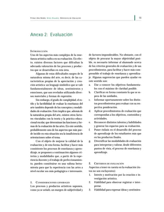 55Primer Año Medio Artes Visuales Ministerio de Educación
Anexo 2: Evaluación
INTRODUCCIÓN
Uno de los aspectos más complejos de la ense-
ñanza artística radica en su evaluación. En efec-
to, existen diversos factores que dificultan la
adecuada valoración de los procesos y produc-
tos que se desarrollan en esta área.
Algunas de estas dificultades surgen de la
naturaleza misma del arte, es decir, de las ca-
racterísticas propias de la apreciación y crea-
ción artística: un lenguaje simbólico que se vale
fundamentalmente de ideas, sentimientos y
emociones, que son revelados utilizando diver-
sos materiales y formas de expresión.
Sin embargo, el grado de complejidad, el es-
tilo y la factibilidad de evaluar la enseñanza del
arte también depende de los conceptos y modali-
dades de evaluación.Esto implica que, además de
la naturaleza propia del arte, existen otros facto-
res vinculados con la teoría y la práctica educa-
cional escolar, que determinan las funciones y for-
mas de la evaluación de las artes. En este sentido,
probablemente uno de los aspectos que más pue-
de incidir en esta situación sea la insuficiencia de
orientaciones sobre el tema.
Con el objeto de mejorar la calidad de la
evaluación y, de esta forma, facilitar y hacer más
consistente los procesos de enseñanza y apren-
dizaje, se proponen a continuación algunos cri-
terios y modalidades que, a partir de la expe-
riencia docente y el trabajo de perfeccionamien-
to, pueden constituirse en una valiosa herra-
mienta para que la experiencia con las artes a
nivel escolar sea más pedagógica e interesante.
1. CONSIDERACIONES GENERALES
Los procesos y productos artísticos suponen,
como ya se señaló, un margen de subjetividad y
de factores imponderables. No obstante, con el
objeto de procurar la mayor objetividad posi-
ble, es necesario informar al alumnado acerca
de los criterios generales de evaluación y de sus
procedimientos, para facilitar y hacer más com-
prensible el trabajo de enseñanza y aprendiza-
je. Algunas sugerencias que pueden ayudar en
este sentido son:
a. Dar a conocer los objetivos fundamenta-
les con el máximo de claridad posible.
b. Clarificar en forma constante lo que se es-
pera de las unidades.
c. Informar oportunamente sobre los distin-
tos procedimientos para evaluar con su res-
pectiva ponderación.
d. Aplicar procedimientos de evaluación que
correspondan a los objetivos, contenidos y
actividades.
e. Reconocer distintos talentos y habilidades
y generar los espacios para su evaluación.
f. Poner énfasis en el desarrollo del proceso
de aprendizaje de los estudiantes más que
en los productos finales.
g. Diversificar las modalidades de evaluación
para interpretar y valorar, desde diferentes
puntos de vista, el proceso de enseñanza y
aprendizaje.
2. CRITERIOS DE EVALUACIÓN
Aspectos a tener en cuenta en la evaluación (és-
tos no son excluyentes):
1. Interés y motivación por la creación e in-
vestigación artística.
2. Habilidad para observar registrar e inter-
pretar.
3. Habilidad para expresar ideas y sentimien-
 