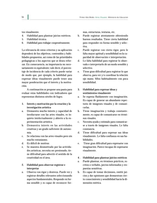 56 Primer Año Medio Artes Visuales Ministerio de Educación
tos visualmente.
4. Habilidad para plantear juicios estéticos.
5. Habilidad técnica.
6. Habilidad para trabajar cooperativamente.
La relevancia de estos criterios y su aplicación
dependerá de los objetivos, contenidos y habi-
lidades propuestos, así como de las prioridades
pedagógicas o los aspectos que se desea refor-
zar. En consecuencia, su importancia no nece-
sariamente es equivalente; vale decir, el porcen-
taje de incidencia de cada criterio puede variar
de modo que, por ejemplo, la habilidad para
expresar ideas visualmente puede tener una
mayor ponderación que el interés y la motiva-
ción.
A continuación se propone una pauta para
evaluar estas habilidades con indicadores que
representan distintos niveles de logro.
1. Interés y motivación por la creación y la
investigación artística
a. Demuestra mucho interés y capacidad de
involucrarse con las artes visuales, es in-
quieto intelectualmente y abierto a la ex-
perimentación artística.
b. Demuestra interés en las actividades
creativas y un grado suficiente de autono-
mía.
c. Se relaciona con las artes visuales pero sin
mucho entusiasmo.
d. Es difícil de motivar.
e. Se muestra desmotivado por las activida-
des artísticas, necesita ser presionado, tie-
ne dificultad para advertir el sentido de la
creatividad en el área.
2. Habilidad para observar registrar e
interpretar
a. Observa con rigor y destreza. Puede ver y
registrar detalles relevantes seleccionando
aspectos fundamentales. Responde en for-
ma sensible y es capaz de reconocer for-
mas, estructuras, texturas, etc.
b. Puede registrar atentamente obteniendo
buenos resultados. Tiene cierta habilidad
para responder en forma sensible y selec-
tiva.
c. Puede registrar con cierto rigor, pero le
falta mayor aptitud y sensibilidad en la ca-
pacidad de observación e interpretación.
d. Le falta habilidad para registrar lo obser-
vado e interpretarlo de un modo sensible y
selectivo.
e. Tiene gran dificultad para registrar lo que
observa, para ver y/o coordinar la relación
ojo mano. Mira habitualmente con poca
sensibilidad.
3. Habilidad para expresar ideas y
sentimientos visualmente
a. Se expresa fluidamente con imaginación.
Es capaz de generar un abundante reper-
torio de imágenes visuales y de comuni-
carlas.
b. Tiene imaginación y trabaja constante-
mente, es capaz de comunicarse en térmi-
nos visuales.
c. Necesita ayuda y estímulo para comunicar-
se a través de imágenes visuales. Le falta
constancia.
d. Tiene dificultad para expresar sus ideas
visualmente. Le falta confianza en sus ha-
bilidades.
e. Tiene gran dificultad para expresarse con
imaginación. Parece incapaz de expresarse
visualmente.
4 . Habilidad para plantear juicios estéticos
a. Puede plantear, en términos prácticos, es-
critos o verbales, juicios informados y res-
puestas sensitivas.
b. Es capaz de tomar decisiones, emitir jui-
cios y dar opiniones que demuestran cier-
to conocimiento y sensibilidad hacia la di-
mensión estética.
 