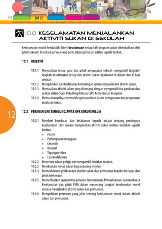 12 
10.0 KESELAMATAN MENJALANKAN 
AKTIVITI SUKAN DI SEKOLAH 
Keselamatan murid hendaklah diberi keutamaan setiap kali program sukan dikendalikan oleh 
pihak sekolah. Di antara perkara yang perlu diberi perhatian adalah seperti berikut; 
10.1 OBJEKTIF 
10.1.1 Memastikan setiap guru dan pihak pengurusan sekolah mengambil langkah-langkah 
keselamatan setiap kali aktiviti sukan dijalankan di dalam dan di luar 
sekolah. 
10.1.2 Mengelakkan dari berlakunya kemalangan semasa menjalankan aktiviti sukan. 
10.1.3 Memastikan aktiviti sukan yang dirancang dengan mengambil kira panduan dan 
arahan dalam Surat Pekeliling Ikhtisas (SPI) Kementerian Pelajaran. 
10.1.4 Memastikan pelajar mematuhi garis panduan dalam penggunaan dan pengurusan 
peralatan sukan. 
10.2 PERANAN DAN TANGGUNGJAWAB GPK KOKURIKULUM 
10.2.1 Memberi kesedaran dan kefahaman kepada pelajar tentang pentingnya 
keselamatan diri semasa menjalankan aktiviti sukan melalui tindakan seperti 
berikut; 
♦ Poster 
♦ Perhimpunan mingguan 
♦ Ceramah 
♦ Bengkel 
♦ Tayangan video 
♦ Edaran dalaman 
10.2.2 Menerima aduan pelajar dan mengambil tindakan susulan. 
10.2.3 Merekodkan semua aduan bagi sebarang insiden. 
10.2.4 Memaklumkan pelaksanaan aktiviti sukan dan permainan kepada ibu bapa dan 
pihak berkenaan. 
10.2.5 Memanfaatkan sepenuhnya peranan Jawatankuasa Pemuafakatan, Jawatankuasa 
Keselamatan dan pihak PIBG dalam merancang langkah keselamatan murid 
semasa menjalankan aktiviti sukan dan permainan. 
10.2.6 Mengadakan peraturan yang jelas tentang keselamatan murid dalam aktiviti 
sukan dan permainan. 
 