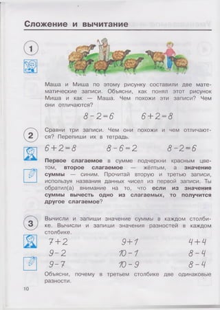 Сложение и вычитание
Маша и Миша по этому рисунку составили две мате­
матические записи. Объясни, как понял этот рисунок
Миша и как — Маша. Чем похожи эти записи? Чем
они отличаются?
8- 2=6 6+ 2=8
Сравни три записи. Чем они похожи и чем отличают­
ся? Перепиши их в тетрадь.
6+ 2 = 8 8 - 6 = 2 8-2 = 6
Первое слагаемое в сумме подчеркни красным цве­
том, второе слагаемое — жёлтым, а значение
суммы — синим. Прочитай вторую и третью записи,
используя названия данных чисел из первой записи. Ты
обратил(а) внимание на то, что если из значения
суммы вычесть одно из слагаемых, то получится
другое слагаемое?
Вычисли и запиши значение суммы в каждом столби­
ке. Вычисли и запиши значения разностей в каждом
столбике.
7+ 2 9+1 Ч+ Ч
9-2 10-1 8-4
9-7 10-9 8-4
Объясни, почему в третьем столбике две одинаковые
разности.
ю
 