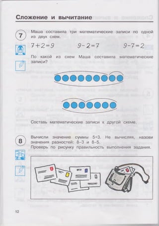 Сложение и вычитание
Маша составила три математические записи по одной
из двух схем.
7+ 2 =5 9-2 = 7 9-7 = 2
По какой из схем Маша составила математические
записи?
і ї ї і
 /  /
Составь математические записи к другой схеме.
Вычисли значение суммы 5+3. Не вычисляя, назови
значения разностей: 8-3 и 8-5.
Проверь по рисунку правильность выполнения задания.
12
 