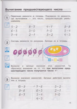1
Вычитание предшествующего числа
Перепиши разности в тетрадь. Подчеркни те разности,
где вычитаемое — это число, предшествующее умень­
шаемому.
5 -2
6-5
7-4
8-7
3 - 0
2- 1
4-1
1-0
3 -2
9-8
5-Ц
ч - з
^ 2 ^ Составь разности по рисункам. Запиши их в тетрадь.
Вычисли и запиши значения этих разностей. Ты
обратил(а) внимание на то, что при вычитании пред­
шествующего числа получается число 1?
Вычисли значения разностей. Запиши действия вычита­
ния в тетрадь.
Ю-9 ' 7-6
Со
I
м
<о
I
Со
6-5
М
і
-л
Со
I
5-4
о
I
ч-з
= □
15
 