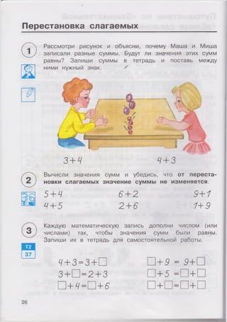 Перестановка слагаемых
Рассмотри рисунок и объясни, почему Маша и Миша
записали разные суммы. Будут ли значения этих сумм
равны? Запиши суммы в тетрадь и поставь между
ними нужный знак. У
Вычисли значения сумм и убедись, что от переста­
новки слагаемых значение суммы не изменяется.
5+ 4
4+ 5
6+ 2
2 +6
9+1
1+9
Каждую математическую запись дополни числом (или
числами) так, чтобы значения сумм были равны.
Запиши их в тетрадь для самостоятельной работы.
4 + 3 = 3 + □ + 9 = 9+П
3+ = 2 + 3 + 5 = +l I
В + 4 = +6 + □ = +
26
 