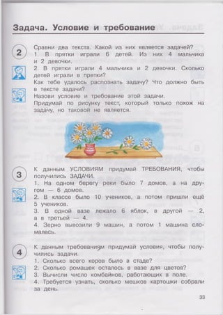 Задача. Условие и требование
Сравни два текста. Какой из них является задачей?
1. В прятки играли 6 детей. Из них 4 мальчика
и 2 девочки.
2. В прятки играли 4 мальчика и 2 девочки. Сколько
детей играли в прятки?
Как тебе удалось распознать задачу? Что должно быть
в тексте задачи?
Назови условие и требование этой задачи.
Придумай по рисунку текст, который только похож на
задачу, но таковой не является.
К данным УСЛОВИЯМ придумай ТРЕБОВАНИЯ, чтобы
получились ЗАДАЧИ.
1. На одном берегу реки было 7 домов, а на дру­
гом — 6 домов.
2. В классе было 10 учеников, а потом пришли ещё
5 учеников.
3. В одной вазе лежало 6 яблок, в другой — 2,
а в третьей — 4.
4. Зерно вывозили 9 машин, а потом 1 машина сло­
малась.
К данным требованием придумай условия, чтобы полу­
чились задачи.
1. Сколько всего коров было в стаде?
2. Сколько ромашек осталось в вазе для цветов?
3. Вычисли число комбайнов, работающих в поле.
4. Требуется узнать, сколько мешков картошки собрали
за день.
зз
 