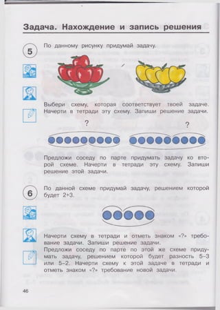 Задача. Нахождение и запись решения
По данному рисунку придумай
у
Выбери схему, которая соответствует твоей задаче.
Начерти в тетради эту схему. Запиши решение задачи.
• • • • • • • • •
Предложи соседу по парте придумать задачу ко вто­
рой схеме. Начерти в тетради эту схему. Запиши
решение этой задачи.
По данной схеме придумай задачу, решением которой
будет 2+3.
Начерти схему в тетради и отметь знаком «?» требо­
вание задачи. Запиши решение задачи.
Предложи соседу по парте по этой же схеме приду­
мать задачу, решением которой будет разность 5-3
или 5-2. Начерти схему к этой задаче в тетради и
отметь знаком «?» требование новой задачи.
задачу.
46
 
