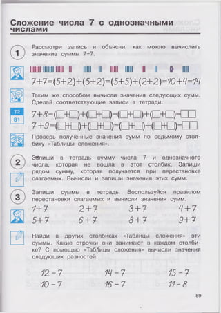 Сложение числа 7 с однозначными
числами
81
Рассмотри запись и объясни, как можно вычислить
значение суммы 7+7.
lillllllli 1 ill 11 11 II II II 8
7+7={5+2)+{5+2)={5+5)+{2+2)=10+Ч=1Ч
Таким же способом вычисли значения следующих сумм.
Сделай соответствующие записи в тетради.
? + S = O O + 0 + Q = (Q O )+ O O K
7+ 5 = Р О + (В Д = (П С )+ (Ю ^
Проверь полученные значения сумм по седьмому стол­
бику «Таблицы сложения».
Запиши в тетрадь сумму числа 7 и однозначного
числа, которая не вошла в этот столбик. Запиши
рядом сумму, которая получается при перестановке
слагаемых. Вычисли и запиши значения этих сумм.
Запиши суммы в тетрадь. Воспользуйся правилом
перестановки слагаемых и вычисли значения сумм.
1+7 2+7 3+7 4+7
5+7 6+ 7 8+ 7 9+7
Найди в других столбиках «Таблицы сложения» эти
суммы. Какие строчки они занимают в каждом столби­
ке? С помощью «Таблицы сложения» вычисли значения
следующих разностей:
12-7 14-7 15-7
10-7 16-7 11-8
59
 