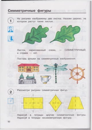 Симметричные фигуры
На рисунке изображены два листка. Назови дерево, на
котором растут такие листья.
Листок, нарисованный слева, — СИММЕТРИЧНЫЙ,
а справа — нет.
Поставь фишки на симметричные изображения.
Рассмотри рисунки симметричных фигур.
Нарисуй в тетради другие симметричные фигуры.
Нарисуй в тетради несимметричную фигуру.
82
 